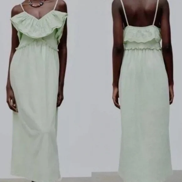 Zara Light Green Eyelet Ruffle Midi Dress Size Large Boho - Picture 2 of 7